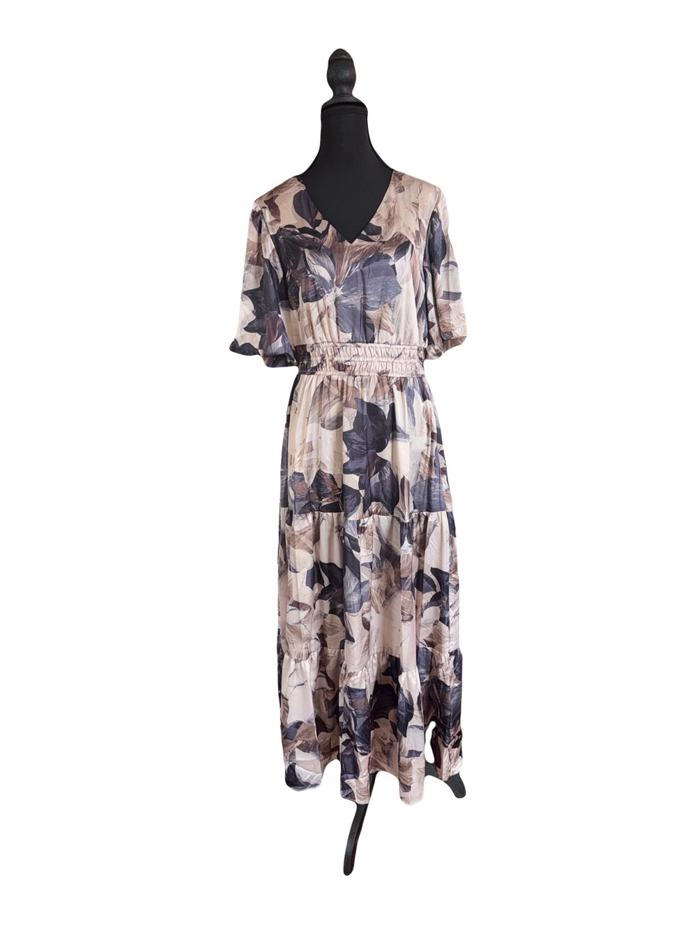 Rachel Zoe Taupe and Navy Floral V-Neck Maxi Dress